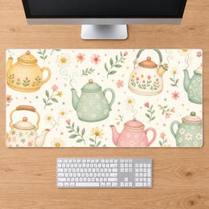Pastel Teapot Desk Mat: Cottage Floral Tea Pattern, 36x18 Inch Large Mouse Pad and Keyboard Mat, Non-Slip, Stitched Edge, Home Office Decor