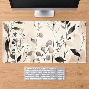 Botanical Desk Mat: Black Beige Leaf Wildflower Pattern, Minimal Nature Workspace Decor