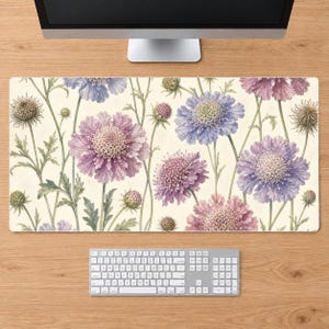 Scabiosa Desk Mat: Lavender Blue Pincushion Flower Pattern, 36x18 Inch Large Mouse Pad and Keyboard Mat, Non-Slip, Home Office Decor