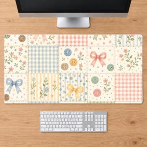 Pastel Patchwork Desk Mat: Gingham Bow Flower Button Pattern