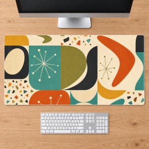 Atomic Retro Desk Mat: Orange Teal Geometric Pattern, 36x18 Inch Large Mouse Pad and Keyboard Mat, Non-Slip, Stitched Edge, Home Office