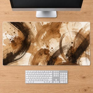 Abstract Desk Mat: Black Brown Brush Stroke Pattern, Tan Cream Modern Workspace Decor