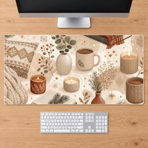 May include: A desk mat featuring a beige and cream pattern with illustrations of a knit pillow, a textured mug, candles, vases with greenery, and an open book. The design includes snowflake and star motifs, creating a cozy, neutral-toned aesthetic.