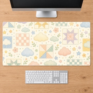 Pastel Cloud Desk Mat: Quilt Block Sky Pattern, 36x18 Inch Large Mouse Pad and Keyboard Mat, Non-Slip, Stitched Edge, Home Office Decor