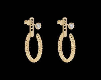 Gold Twist Hoop Stud Jacket Earrings 14k Gold Rope Design Earring Attachment Textured Hoop Earrings Front Back Modern Statement Jewelry