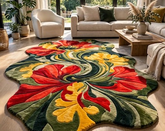 May include: An irregularly shaped area rug featuring a vibrant floral pattern with large red and yellow blossoms set against a deep green background. The design includes flowing, organic leaf shapes and curved lines that create a textured appearance.