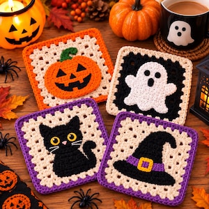 Op de afbeelding: Vier vierkante gehaakte onderzetters met Halloween-motieven: een oranje pompoen op een crèmekleurige achtergrond, een wit spook op een zwarte achtergrond, een zwarte kat op een crèmekleurige achtergrond en een zwarte heksenhoed op een crèmekleurige rand.