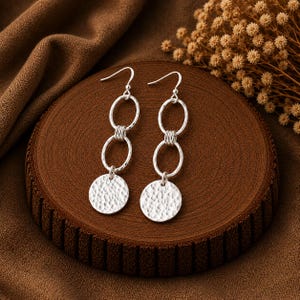Hammered Silver Drop Earrings, Textured Circle Dangle Jewelry, Boho Gift for Her
