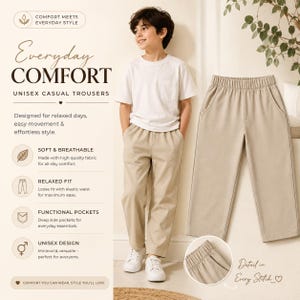 May include: Beige casual trousers featuring an elastic waistband and deep side pockets. The pants have a straight-leg cut and a smooth, solid-colored fabric finish. A circular inset shows a close-up of the elastic waist and side seam stitching.