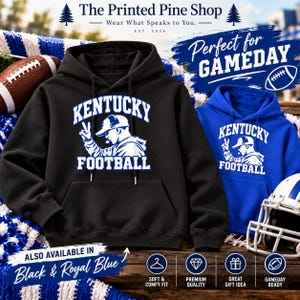 May include: A black hooded sweatshirt and a royal blue hooded sweatshirt, both featuring a white graphic of a person wearing a baseball cap and making a peace sign, with the text KENTUCKY FOOTBALL printed in white block lettering.