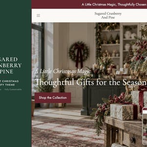May include: A website interface for Sugared Cranberry and Pine featuring a dark green sidebar with white text and a main display showing a holiday-themed shop with wrapped gifts, a wreath, and the text A Little Christmas Magic, Thoughtfully Chosen.