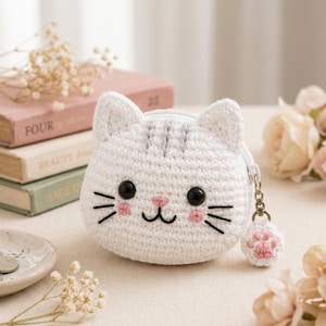 May include: A white crocheted coin purse shaped like a cat head with black plastic eyes, embroidered whiskers, pink cheeks, and a small pink nose. The zipper pull features a small white and pink crocheted cat paw charm attached to a metal chain.