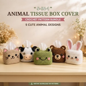 May include: A 5-in-1 animal tissue box cover crochet pattern bundle featuring five designs: a tan cat, a black and white cow, a green frog, a brown bear, and a white rabbit. The text reads 5-IN-1 ANIMAL TISSUE BOX COVER CROCHET PATTERN BUNDLE.