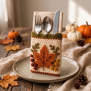 May include: A cream-colored crocheted cutlery holder featuring a large orange maple leaf, small green leaves, and clusters of red and yellow berries. The top edge has a scalloped green border. A silver fork, spoon, and knife are tucked inside.
