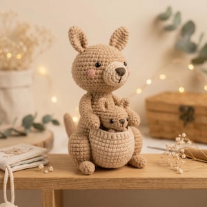 May include: A light brown crocheted kangaroo toy featuring a smaller joey tucked inside its front pouch. The kangaroo has dark brown eyes, a dark brown nose, and soft pink circular patches on its cheeks, all crafted with detailed yarn stitching.