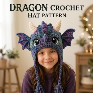 May include: A multi-colored crochet hat featuring a dragon design with two cream-colored horns, two purple wings, and a central ridge of spikes. The hat has large eyes and two braided tassels hanging from the sides. Text reads DRAGON CROCHET HAT PATTERN.