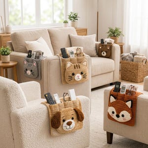 May include: A collection of four crochet armchair organizers featuring animal faces including a gray cat, a tan cat, a brown dog, and a fox. Each organizer hangs over the arm of a chair and contains multiple pockets holding remote controls.