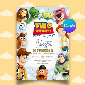 Puede incluir: Una invitación de cumpleaños con personajes de Toy Story como Woody, Buzz Lightyear, Jessie, Rex y Slinky Dog. El texto dice: TWO INFINITY And Beyond! Chester IS TURNING 2, 12TH JULY, FROM 1PM, 21 HARBOTTLE WAY, KINGSWOOD, HULL, HUM 3NX, RSVP 07500522408.
