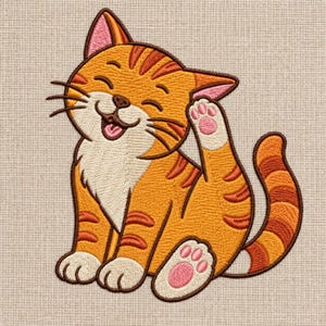 May include: An embroidered patch featuring a cheerful orange tabby cat with dark orange stripes, a white chest, and pink paw pads. The cat is sitting and scratching its ear with one raised paw, displaying a wide, happy smile with a visible tongue.
