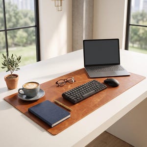 May include: A tan leather desk mat featuring a laptop, a black wireless keyboard, a black computer mouse, a blue notebook, a gold pen, a pair of tortoiseshell glasses, and a ceramic cup of coffee with latte art next to a small potted plant.