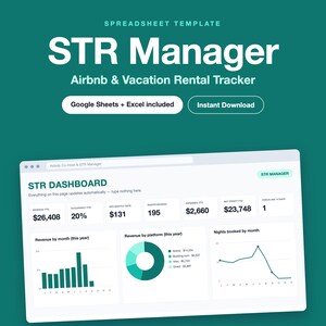May include: A digital spreadsheet template titled STR Manager Airbnb & Vacation Rental Tracker. The interface displays a dashboard with financial metrics, including revenue, occupancy, and expenses, alongside bar, pie, and line charts for data visualization.