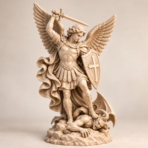 Peut inclure: Une sculpture monochrome beige représentant une figure ailée en armure tenant une épée levée et un bouclier avec un emblème de croix. La figure se tient au-dessus d'une créature ailée à cornes sur une base rocheuse, avec des drapés fluides.