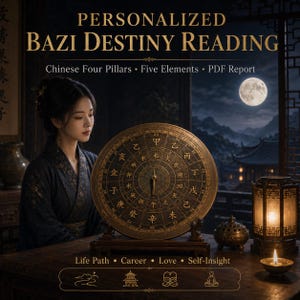 Puede incluir: Una brújula Bazi circular de tono bronce con caracteres chinos sobre un soporte de madera. El texto dice: PERSONALIZED BAZI DESTINY READING, Chinese Four Pillars, Five Elements, PDF Report, Life Path, Career, Love, Self-Insight, con cuatro iconos.