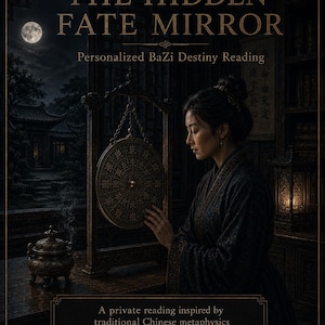 May include: A dark, atmospheric scene featuring a circular bronze-toned mirror with engraved Chinese characters suspended on a wooden stand. The text reads THE HIDDEN FATE MIRROR, Personalized BaZi Destiny Reading, and A private reading inspired by traditional Chinese metaphysics and your birth chart.
