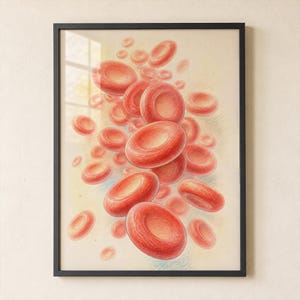 Op de afbeelding: Een ingelijste kunstdruk met een gedetailleerde illustratie van talloze rode bloedcellen die zweven tegen een lichte, crèmekleurige achtergrond. De cellen zijn afgebeeld in verschillende tinten rood en oranje en tonen hun biconcave schijfvorm.
