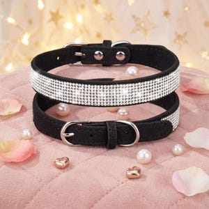 May include: A black collar featuring a wide band encrusted with multiple rows of clear, sparkling rhinestones. The collar includes a silver-toned metal buckle, a matching metal loop, and two silver rivets securing the strap near the buckle closure.