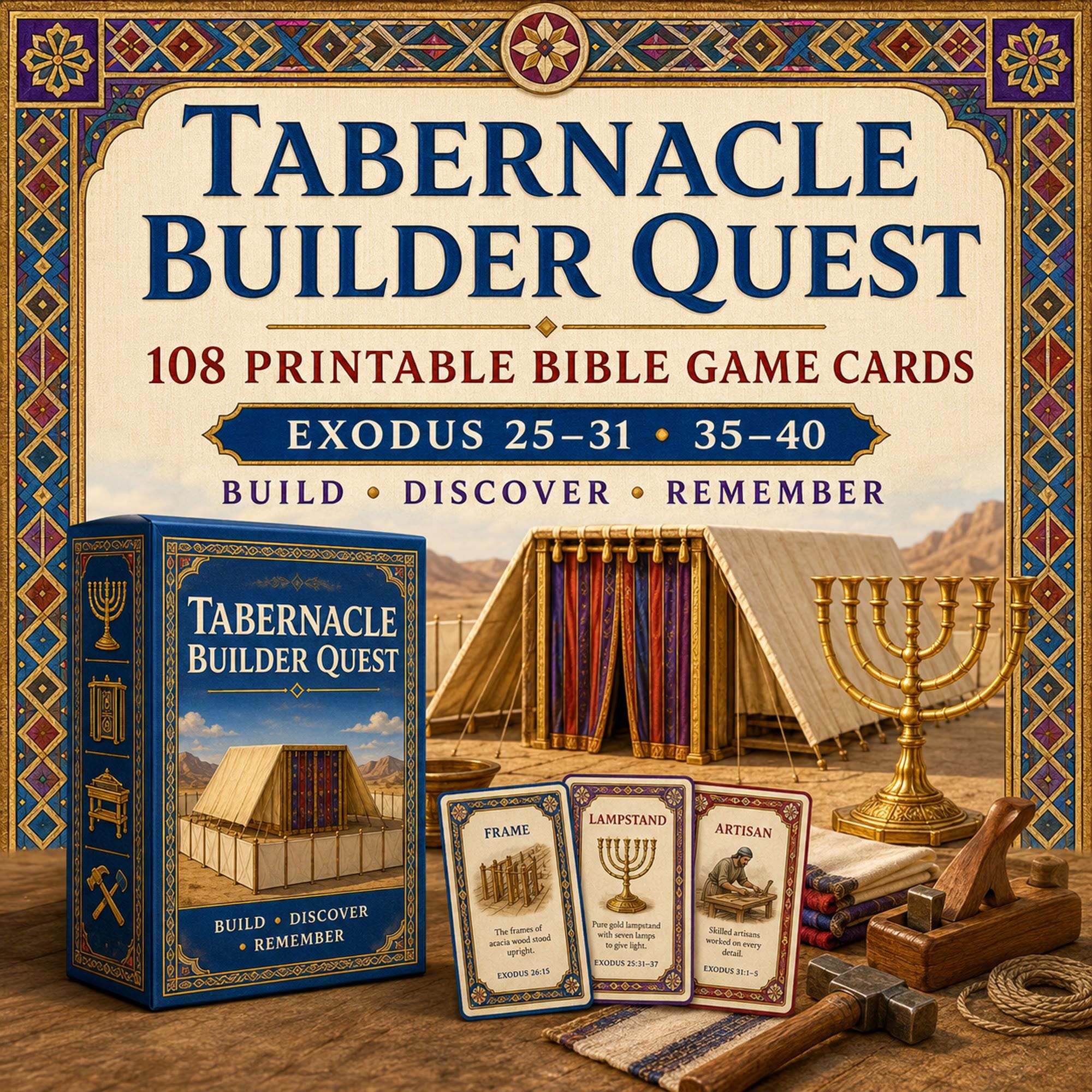 Tabernacle Builder Quest Bible Game, Exodus Printable Christian Family Game, 108 Card Digital Download cover