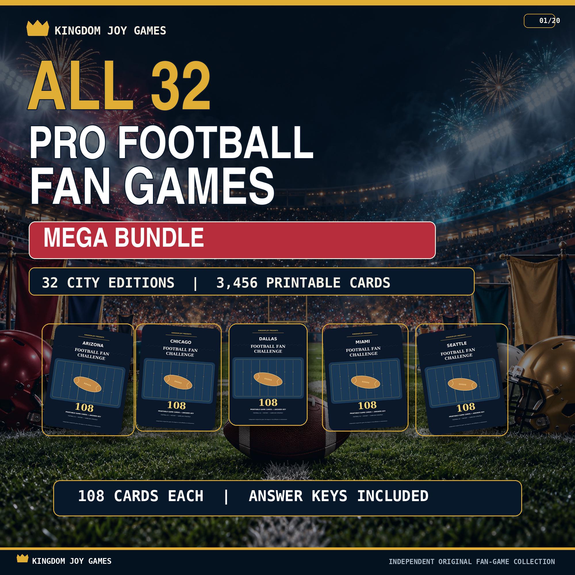 32 Pro Football Fan Games Mega Bundle, Printable Party Cards (Digital Download) cover