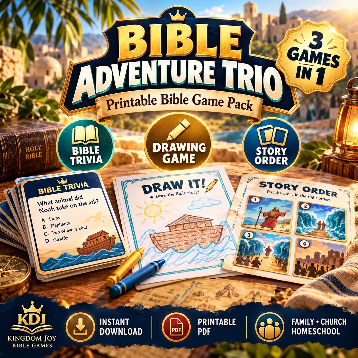 Bible Adventure Trio Printable Game, Bible Trivia, Drawing & Story Order, cover