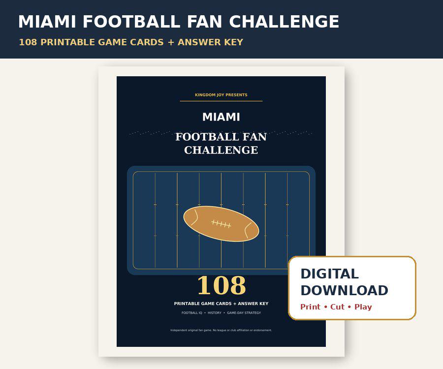 Miami Football Fan Challenge | 108 Printable Game Cards (Digital Download) cover