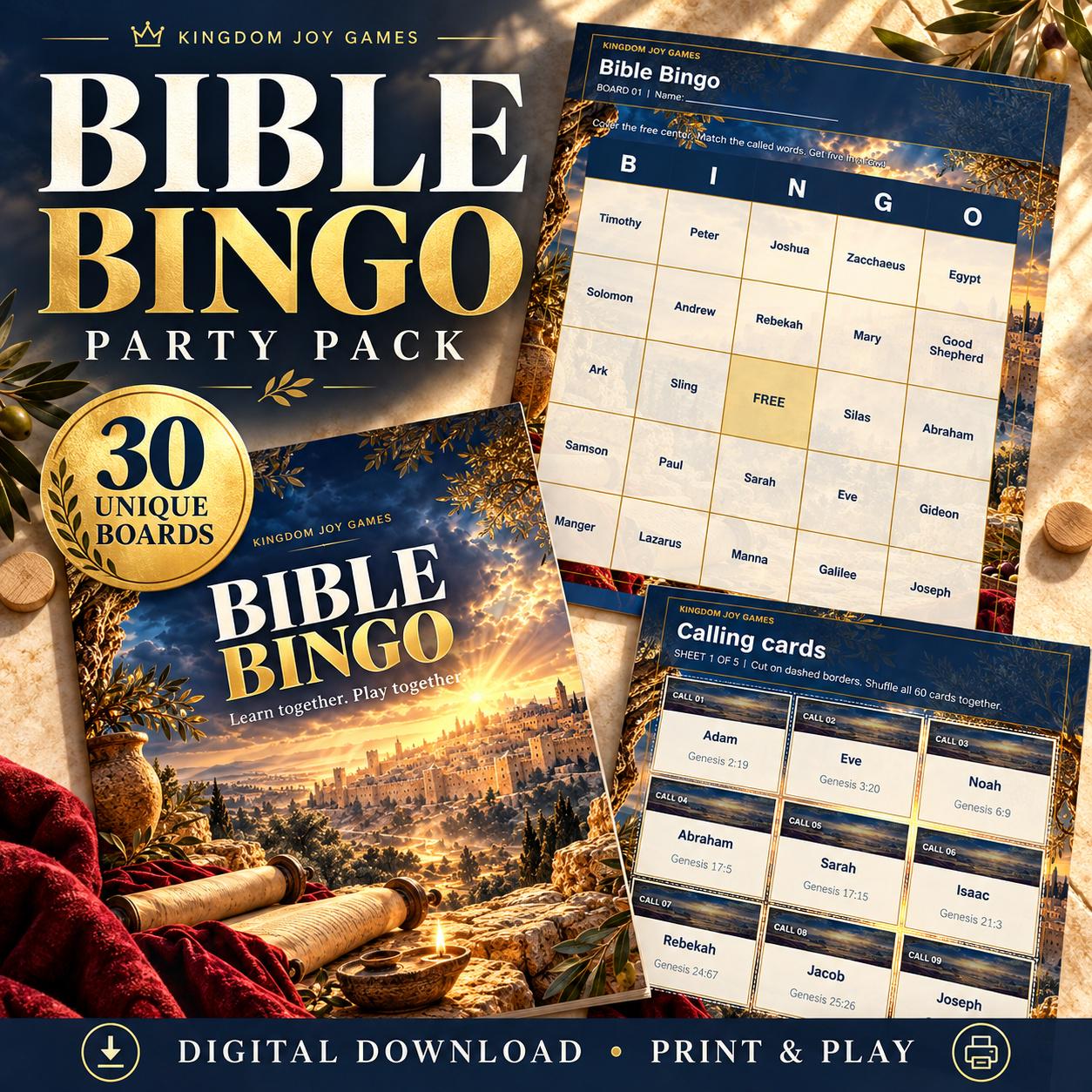 Bible Bingo Party Pack, 30 Unique Boards, 60 Calling Cards (Digital Download) cover
