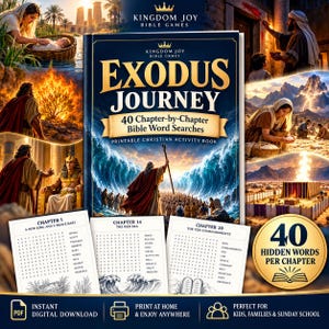 Op de afbeelding: Een digitaal activiteitenboek getiteld Exodus Journey met 40 bijbelse woordzoekers per hoofdstuk. De cover toont de splitsing van de Rode Zee. Drie voorbeeldpagina's tonen woordzoekers voor de hoofdstukken 1, 14 en 20.
