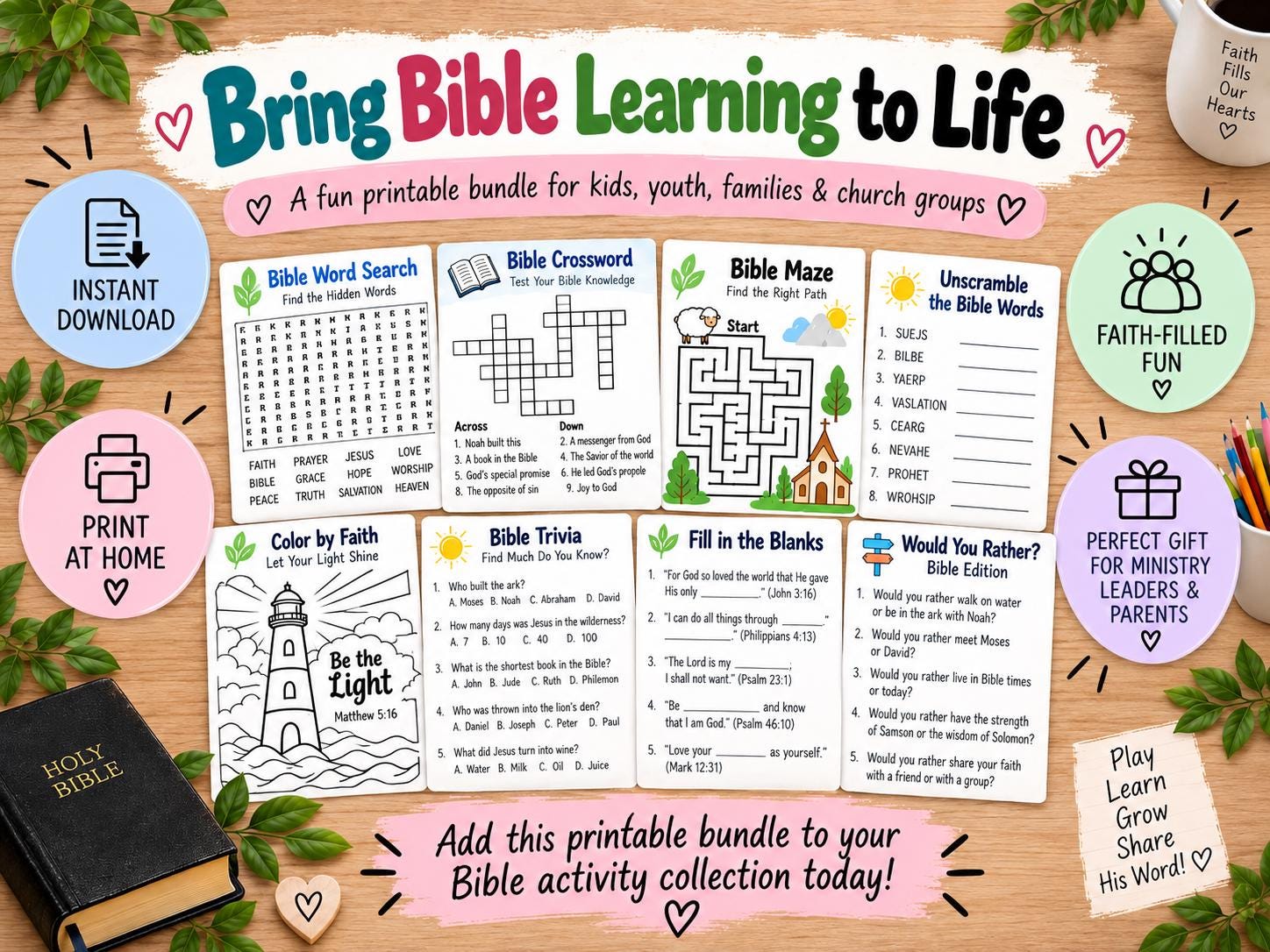 12 Printable Bible Games Bundle: Word Search, Crossword, Maze, Trivia & Matching (Digital PDF) cover
