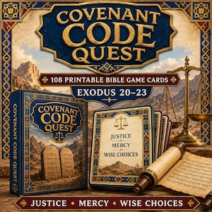 May include: A set of 108 printable Bible game cards titled Covenant Code Quest Exodus 20-23. The box and cards feature a desert landscape with stone tablets, a gold scale of justice, and a scroll. Text includes Justice, Mercy, Wise Choices.