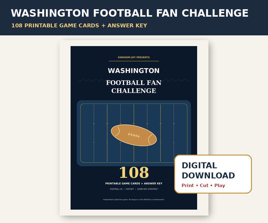 Washington Football Fan Challenge | 108 Printable Game Cards (Digital Download) cover