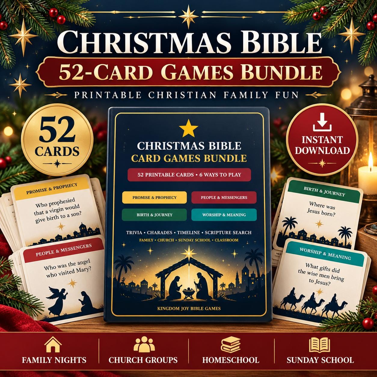Christmas Bible Trivia Cards | 52-Card Nativity Game Bundle (Digital Download) cover