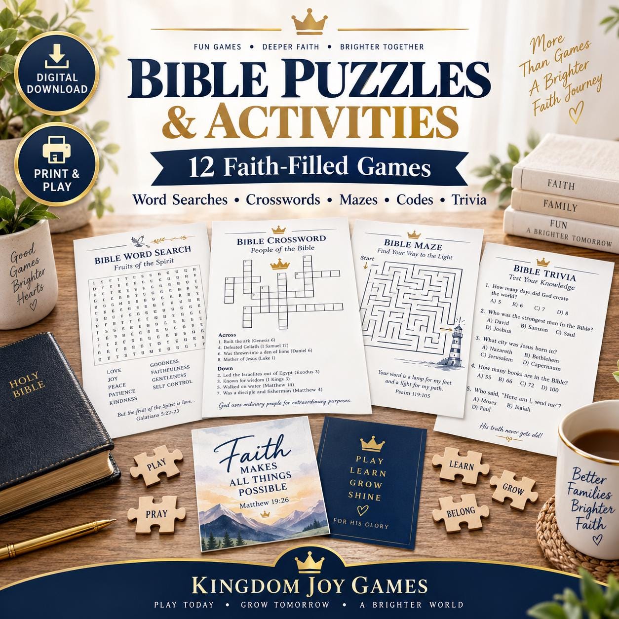 12 Printable Bible Games Bundle, Word Search, Crossword, Maze, Trivia (Digital Download) cover