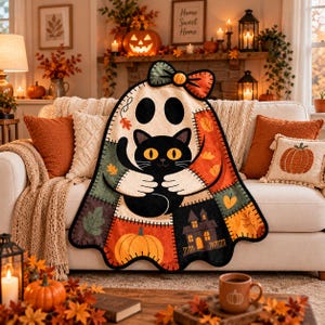 May include: A ghost-shaped throw blanket featuring a patchwork design with a black cat, pumpkins, autumn leaves, and a haunted house. The ghost has a large orange and black bow on its head and is depicted hugging the black cat in the center.