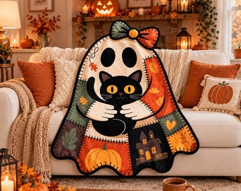 Vintage Halloween Patchwork-Decke, Schwarze Katze, Geist, Kürbis, Herbstüberwurf