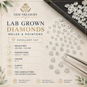 Può includere: Una collezione di diamanti coltivati in laboratorio rotondi a taglio brillante in dimensioni melee e pointer. Il testo recita Gem Treasury Studio, Lab Grown Diamonds, Melee & Pointers, Excellent Cut, Melee Sizes 0.90 mm - 2.50 mm, Pointer Sizes 0.20 ct - 1.00 ct, Colour E-F, Clarity VVS-VS.