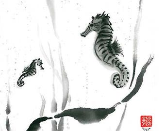 Print "Two seahorses" in Traditional Japanese Art Style, Black and White, Painted in Sumi-e style, Great Minimal, Asian Art Design