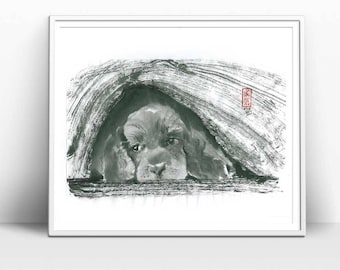 Waiting for you, Original painting, Japanese art, sumi-e, asian painting, Wall decor,home decor, black and white, for her, dog art