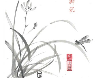 Digital "Wild Orchid and Dragonfly", Download, Ink Brush, Ink Drawing, Asian art, Wall art, Minimalist, Japanese Art, Sumi-e, gift for her
