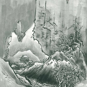 Original art &quot;Mountain Zen&quot;, Home Decor, Japanese art sumi-e, Landscape, copy of Sesshu Toyo, Black and white, Minimalist,