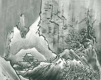 Original art "Mountain Zen", Home Decor, Japanese art sumi-e, Landscape, copy of Sesshu Toyo, Black and white, Minimalist,