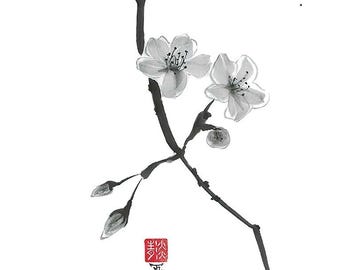 Digitale "Sakurabloemen", download, bloemen, inktpenseel, inkttekening, kunst aan de muur, plant, minimalistisch, Japanse kunst, Sumi-e, cadeau, afdrukken, sakura